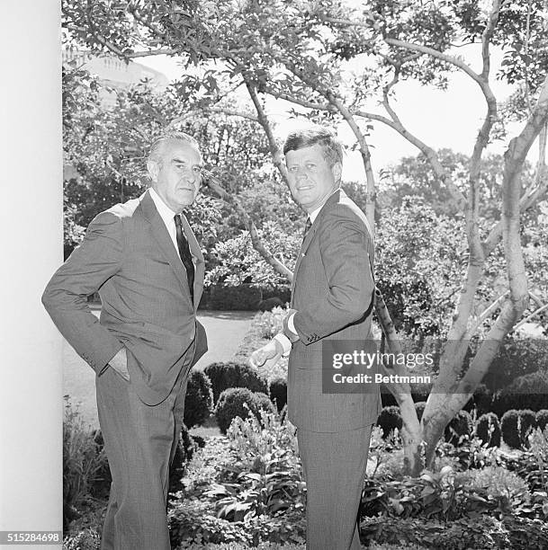 President Kennedy meets with Undersecretary of State W. Averell Harriman. The undersecretary is leaving for nuclear test ban talks in Moscow.