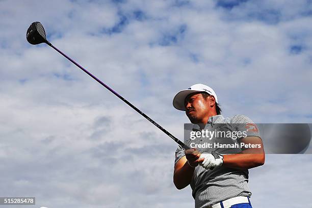 Hideto Tanihara of Japan tees off on during day four of the 2016 New Zealand Open at The Hills on March 13, 2016 in Queenstown, New Zealand.