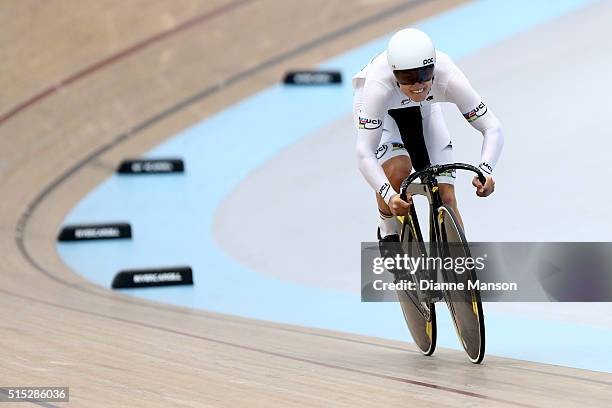 Campbell Stewart of West Coast North Island wears his UCI rainbow jersey when competing in the Junior U19 Men Omnium Flying Lap during the New...