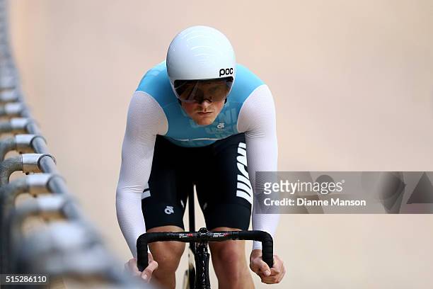 Carne Groube of West Coast North Island competes in the Junior U19 Men Omnium Flying Lap during the New Zealand Age Group Track National...