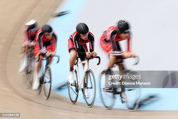 Jarred Pidcock, Liam Taylor, Felix Donnelly and Jono Stewart of Canterbury compete in the U17 Boys 3000m Team Pursuit final during the New Zealand...