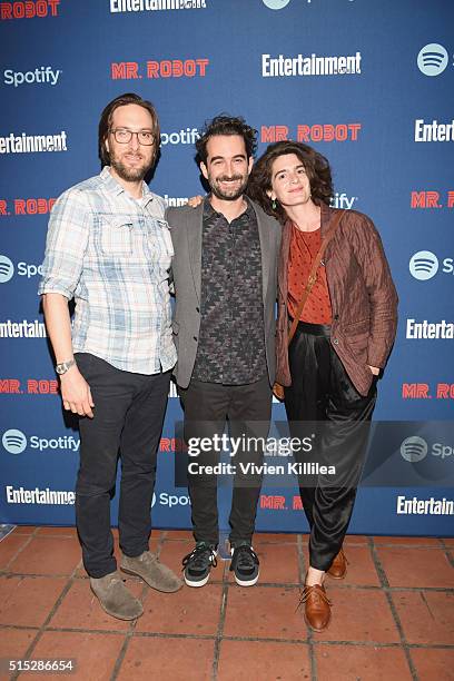 Actors Timm Sharp, Jay Duplass and Gaby Hoffmann attend a dinner hosted by Entertainment Weekly celebrating Mr. Robot at the Spotify House in Austin,...