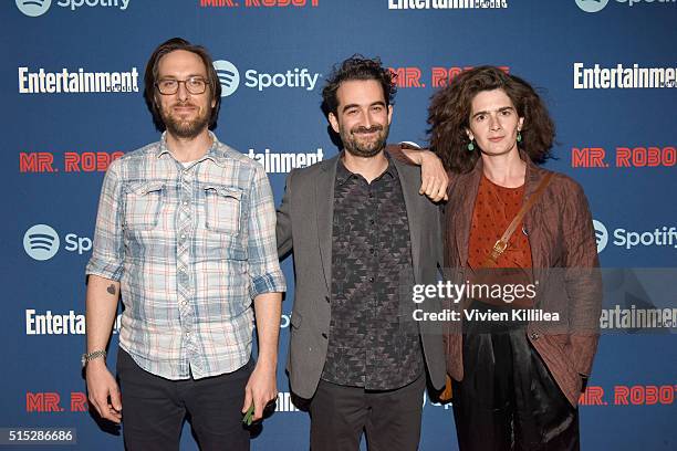 Actors Timm Sharp, Jay Duplass and Gaby Hoffmann attend a dinner hosted by Entertainment Weekly celebrating Mr. Robot at the Spotify House in Austin,...