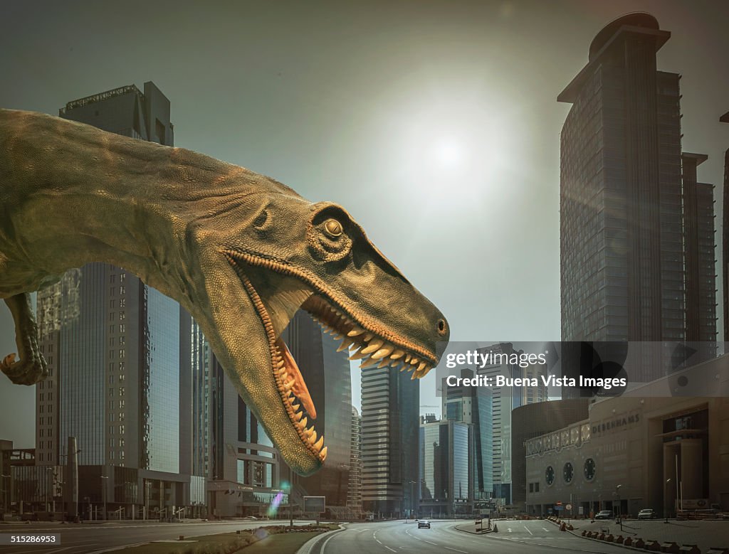 Dinosaur in modern city