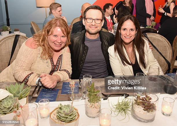 Producer Julie Plec, actor Christian Slater and EVP of Marketing & Digital at USA Networks Alexandra Shapiro attend a dinner hosted by Entertainment...