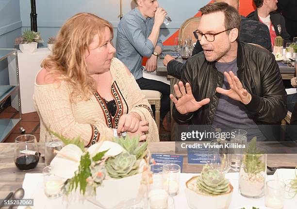 Producer Julie Plec and actor Christian Slater attend a dinner hosted by Entertainment Weekly celebrating Mr. Robot at the Spotify House in Austin,...