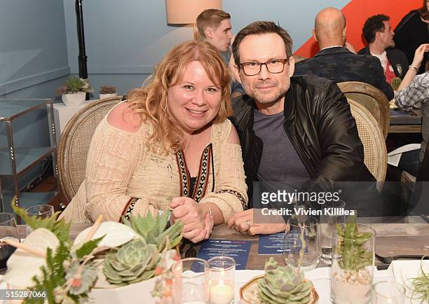 Producer Julie Plec and actor Christian Slater attend a dinner hosted by Entertainment Weekly celebrating Mr. Robot at the Spotify House in Austin,...
