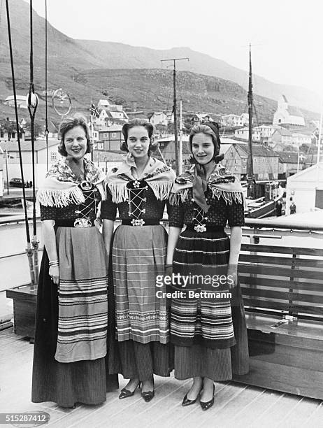 Princesses of Denmark. Tverra, Faeroe Islands, Denmark: Denmark's three princesses , Margrethe, Benedikte, and Anne-Marie, wear national costumes as...