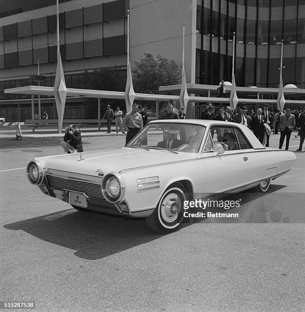 Unveiling of the new Chrysler turbine-powered automobile at the Roosevelt Raceway in Westbury, New York. Beginning in the fall, Chrysler plans on...