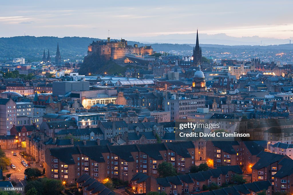 View over city rooftops at dusk, Edinburgh