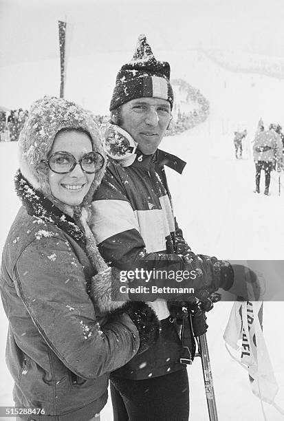 Hollywood film star Natalie Wood and U.S. Ski racer Billy Kidd watch Giant Slalom race in which Bill made a spill and was disqualified. Miss Wood...