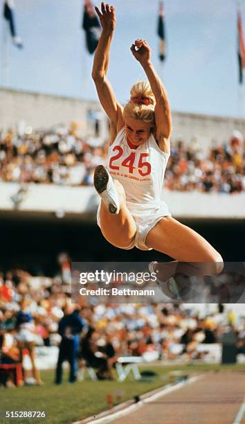 Mexico City: Russia's Tatiana Talysheva in Long Jump event of 1968 Olympics in which she won the third place bronze medal.