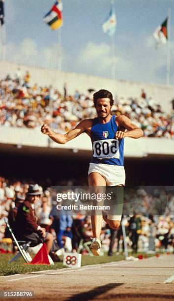 Mexico City: Giuseppe Gentile of Italy in Triple Jump event. He placed third and won the Bronze medal. 1968 Olympics.