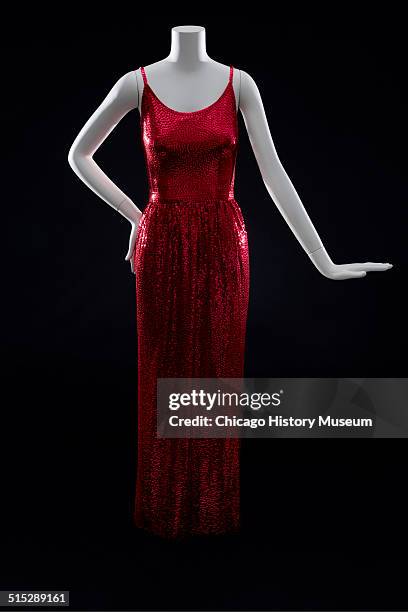Evening gown, designed by Norman Norell, of red silk jersey covered in sequins, 1962. Shown as part of the Chicago History Muesum's November 2014...