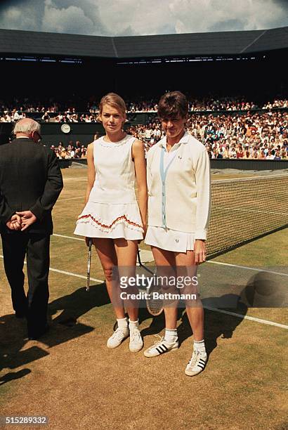 London: Top-seeded Mrs. Margaret Court of Australia in play against West Germany's Helga Niessen in women's singles of the 84th All-England Lawn...