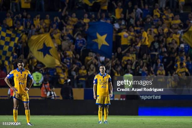 Manuel Viniegra and Juninho of Tigres look on during the 10th round match between Tigres UANL and Pumas UNAM as part of the Clausura 2016 Liga MX at...