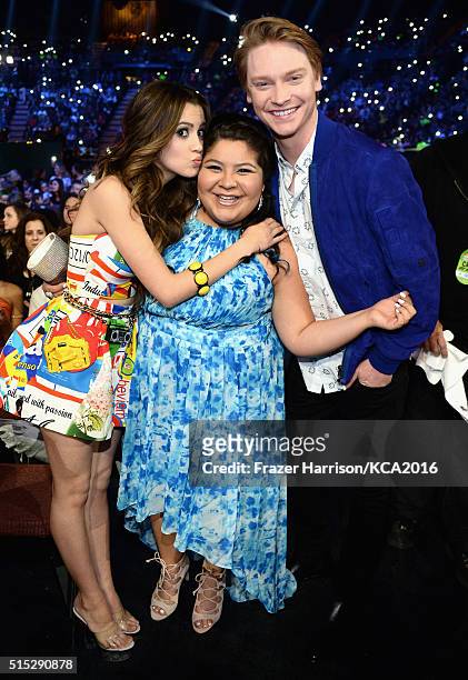 Actors Laura Marano Raini Rodriguez, and Calum Worthy attend Nickelodeon's 2016 Kids' Choice Awards at The Forum on March 12, 2016 in Inglewood,...