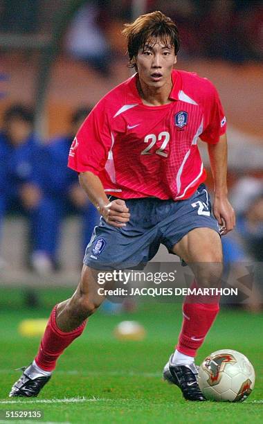 South Korean defender Hong Myung-bo is seen in action against Turkey in their third place play-off match at Daegu World Cup stadium for the 2002 FIFA...