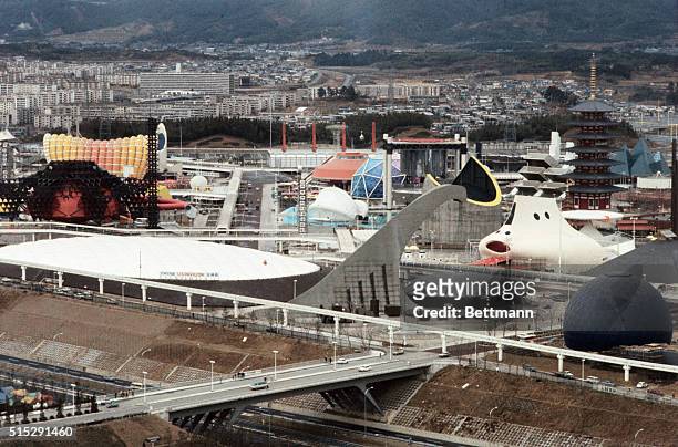 Osaka, Japan: A view of the United States Pavilion at Expo '70 as the exhibit nears completion. The fair is due to open on March 15th.