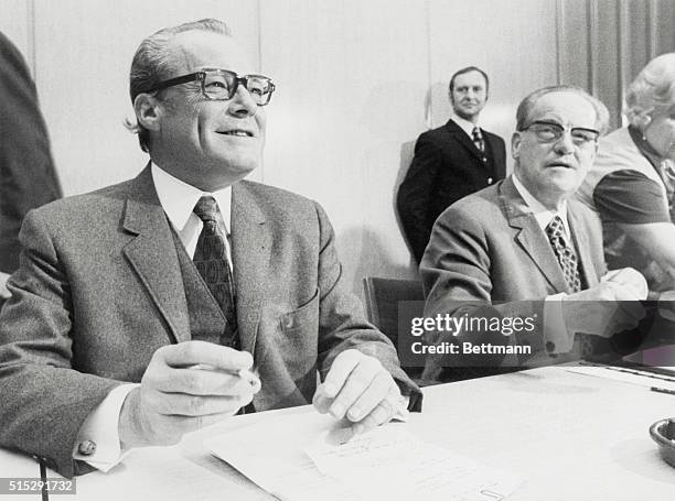 Optimistic...West German Chancellor Willy Brandt and Social Democratic Party floor leader in German Bundestag Parliament Herbert Wehner seem to be...