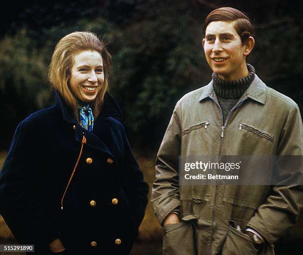 Sandringham, Norfolk, England: Prince Charles in a "mountaineering jacket" and Princess Anne are shown on the grounds of Sandringham House in a...