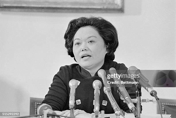 Representative Patsy Mink Speaking at Microphones