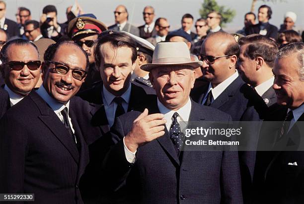 Aswan, Egypt: UAR President Anwar Sadat and President Nikolai Podgrony of USSR are shown at the dedication ceremony for the opening of the Aswan High...