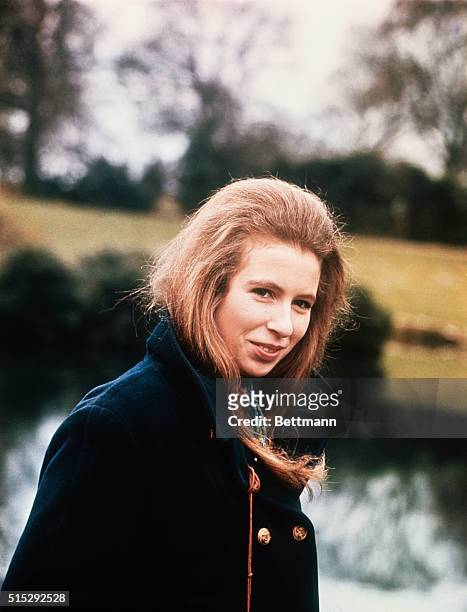 Sandringham, Norfolk, England: Her long hair falling on her shoulders, Princess Anne is shown on the grounds of Sandringham, the Royal Family's...
