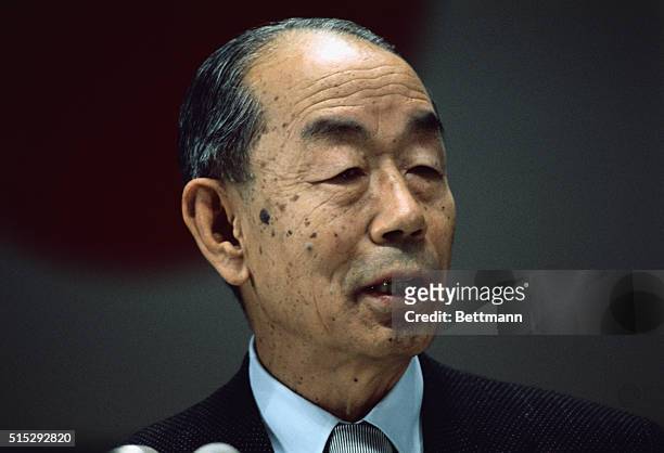 Takeo Fukuda, Prime Minister is shown here in this closeup addressing the Liberal Democratic Party.