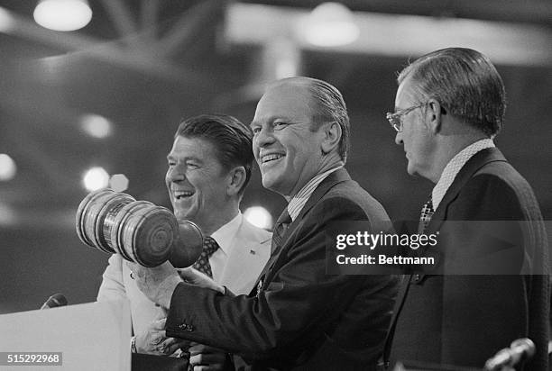 Miami Beach, Florida: The gavel passes from California Governor Ronald Reagan, temporary chairman of the GOP convention, to permanent chairman Rep....
