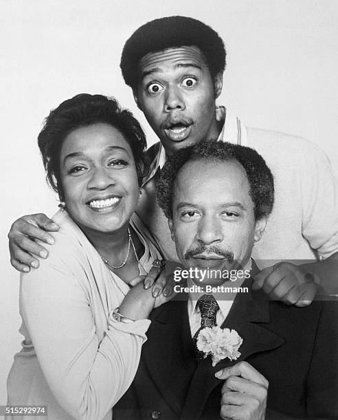 Isabel Sanford, Sherman Helmsley, and Michael Evans, the cast of the TV series, The Jeffersons.