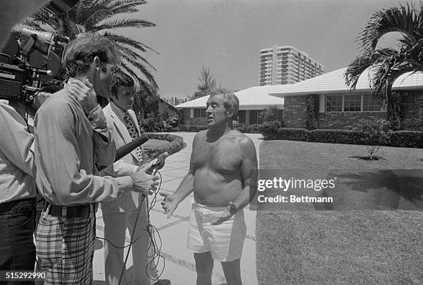 Anthony Provenzano gestures with his hands as he meets with newsmen outside his posh island home on the Intracoastal waterway August 5. Provenzano...