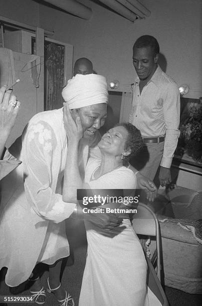 Estelle Rolle star of the TV series Good Times, enjoys a reunion with Frances Foster & Moses Gunn backstage at the Palace Theatre. The TV star was on...