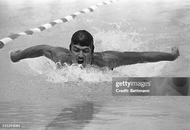 Mark A. Spitz swims to a new world record of 2:01.87 in the men's 200-meter butterfly preliminaries at the United States Men's and Women's Olympic...