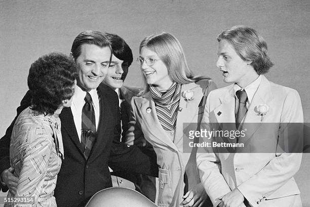 Houston: Democratic vice presidential candidate Walter Mondale is surrounded by his family at the Alley Theatre after his debate with GOP opponent...