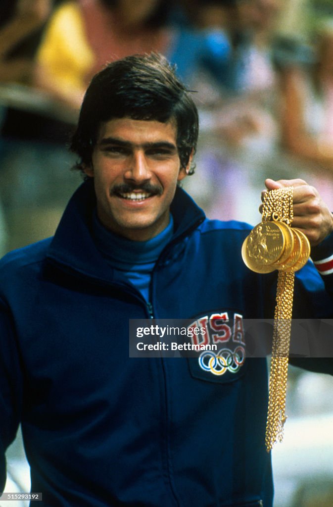 Mark Spitz Holding Five Gold Medals