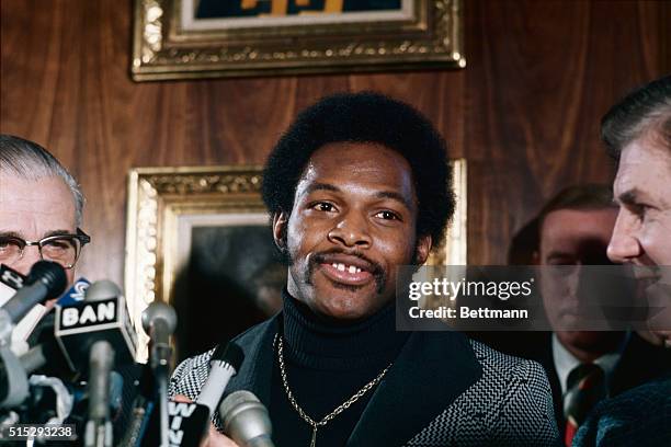 New York, New York: Close up of Archie Griffin of Ohio State speaking during press conference after he was named winner of the Heisman Trophy for the...