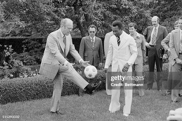 International Soccer star Pele toured the White House and ended up in the Rose Garden giving President Ford a soccer lesson, Pele now playing with...