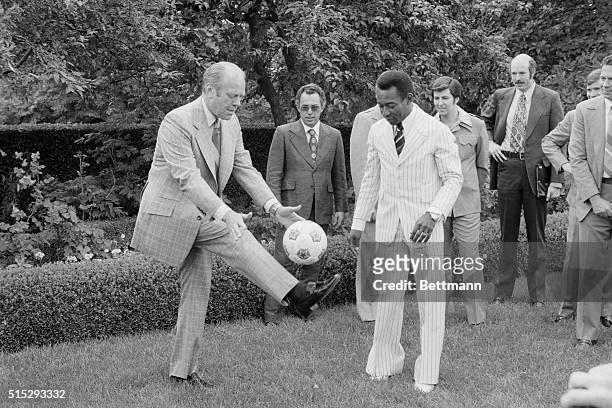 International Soccer star Pele toured the White House and ended up in the Rose Garden giving President Ford a soccer lesson, Pele now playing with...