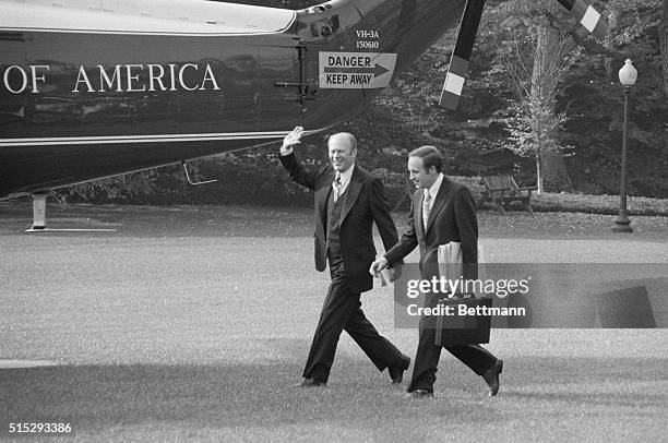 Washington: Accompanied by his new chief-of-staff, Richard Cheney, Pres. Ford departs from the White House for a one-day trip to Massachusetts where...