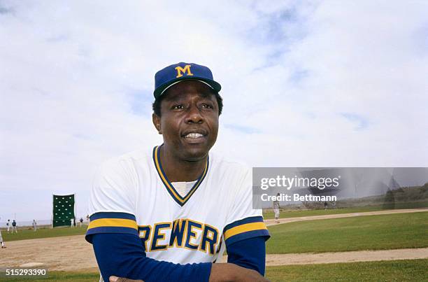 This is a close up of Henry "Hank" Aaron of the Milwaukee Brewers in uniform.