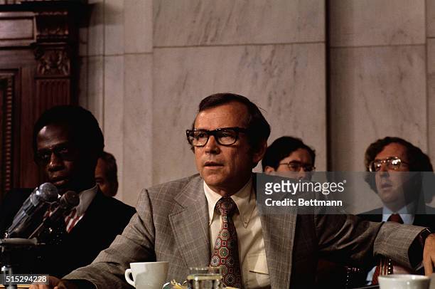 Washington, D. C.: Senator Howard Baker, , shown during the Senate Intelligence Committee session on the CIA and deadly toxins.