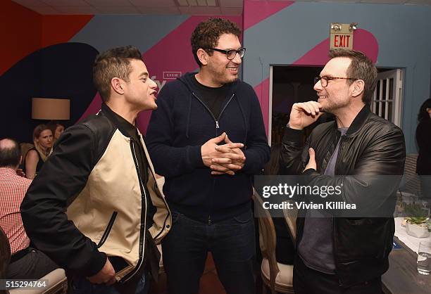 Actor Rami Malek, writer/producer Sam Esmail and actor Christian Slater attend a dinner hosted by Entertainment Weekly celebrating Mr. Robot at the...