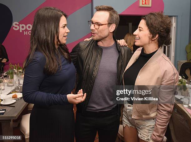 Actors Abbi Jacobson, Christian Slater and Ilana Glazer attend a dinner hosted by Entertainment Weekly celebrating Mr. Robot at the Spotify House in...