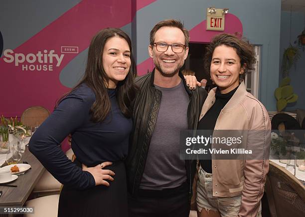 Actors Abbi Jacobson, Christian Slater and Ilana Glazer attend a dinner hosted by Entertainment Weekly celebrating Mr. Robot at the Spotify House in...