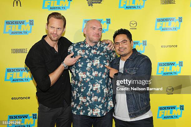 Actor Alexander Skarsgard, director John Michael McDonagh and actor Michael Pena attend the "War On Everyone" premiere during the 2016 SXSW Music,...