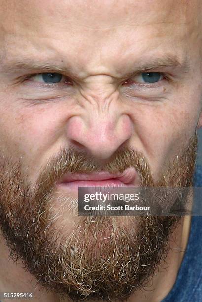Nathan Jones of the Demons looks on during the NAB Challenge AFL match between the Melbourne Demons and the St Kilda Saints at Etihad Stadium on...
