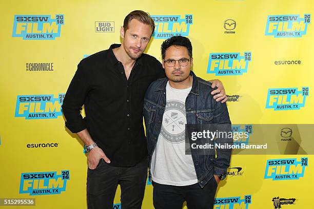 Actors Alexander Skarsgard and Michael Pena attend the "War On Everyone" premiere during the 2016 SXSW Music, Film + Interactive Festival at Topfer...