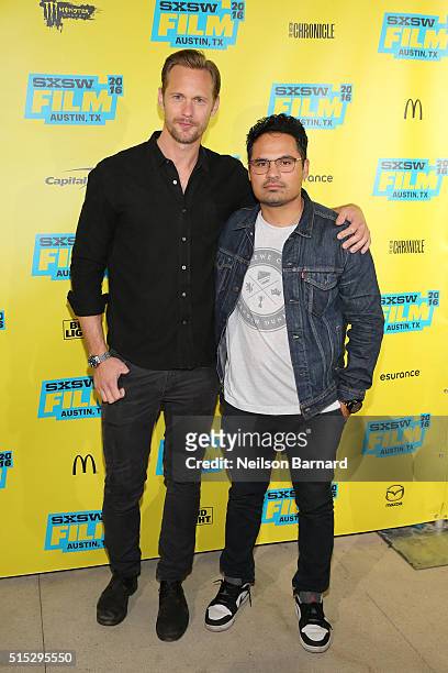 Actors Alexander Skarsgard and Michael Pena attend the "War On Everyone" premiere during the 2016 SXSW Music, Film + Interactive Festival at Topfer...