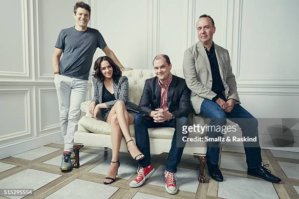 Producer Trevor Macy, actress/writer Kate Siegel, writer/director Mike Flanagan and producer Jason Blum of 'Hush' are photographed in the Getty...